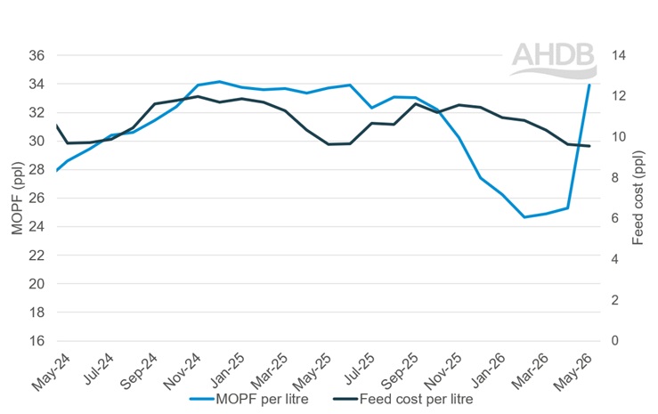 Line graph for margins over purchased feed costs updated to May 2026.